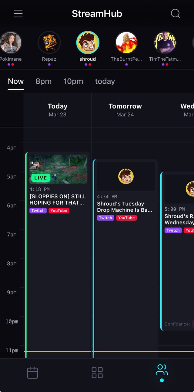 Multi-day schedule view with multiple streamers