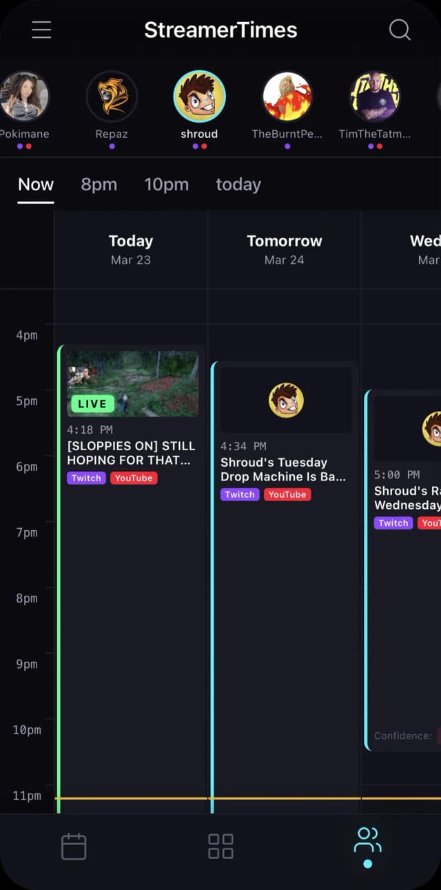 Multi-day schedule view with multiple streamers